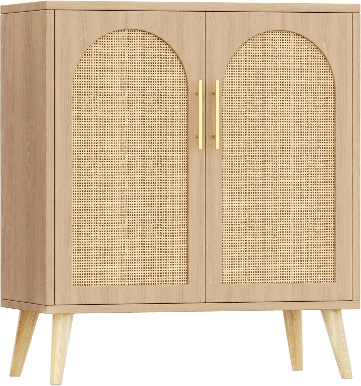 Keehusux Rattan Buffet Cabinet with Storage, Boho Buffet Table with Adjustable Shelf and Solid Wood Legs, Accent Sideboard with Doors, Floor Cabinet for Kitchen, Dining Room and Living Room, Natural