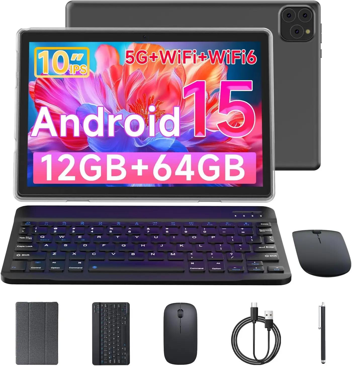 Tablet Android 15 10 Inch 12GB RAM+64GB ROM/ 1TB Expandable Tablet, 1280 * 800 HD Touch Screen, 5G WiFi6 BT 5.0, 2 in 1 Tablets with Keyboard Case Mouse Stylus (Black)