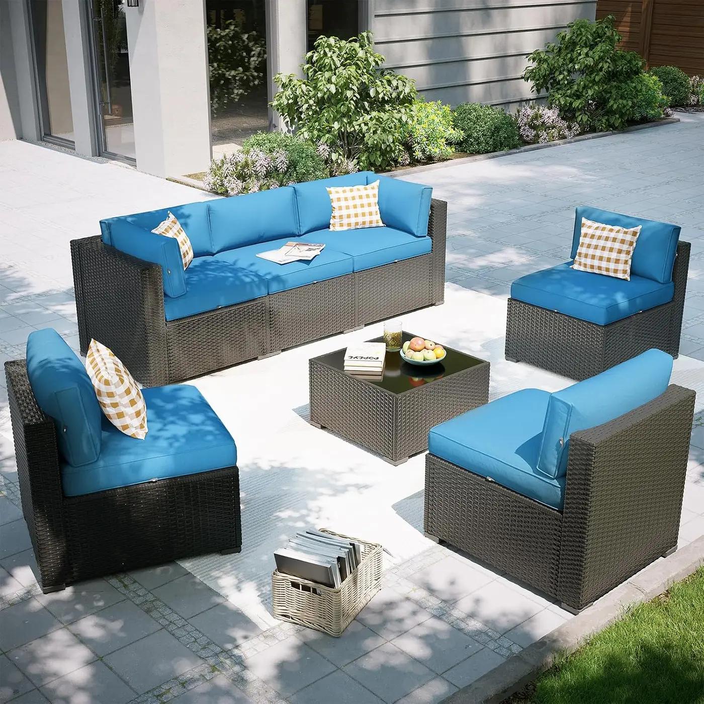Aoxun Patio Furniture Set, 7 Piece Outdoor Sectional Sofas with Waterproof Cover, Wicker Rattan Outdoor Furniture Patio Conversation Set for Backyard, Garden Peacock Blue Recycled Claim Standard Blended
