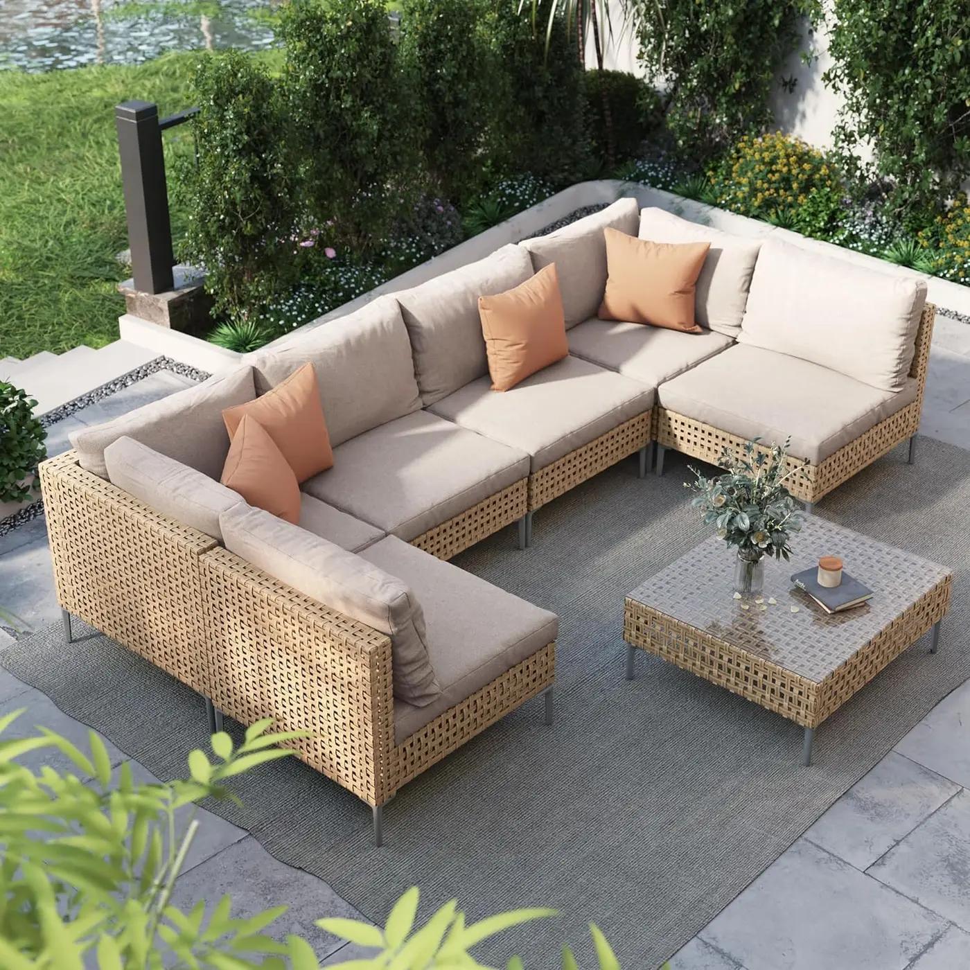 Grand patio 7-Piece Wicker Patio Furniture Set, Boho Outdoor Conversation Set Sectional Sofa with Water Resistant Thick Cushions and Coffee Table, Cream Global Recycled Standard