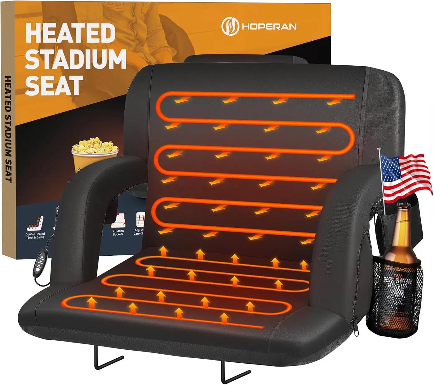 HOPERAN Heated Stadium Seats for Bleachers with Back Support Wide Cushion, Extra Portable Bleacher Seat Foldable Stadium Chair, USB 3 Levels of Heat, Pockets for Outdoor Indoor Sports 23" Black 1pc Global Recycled Standard