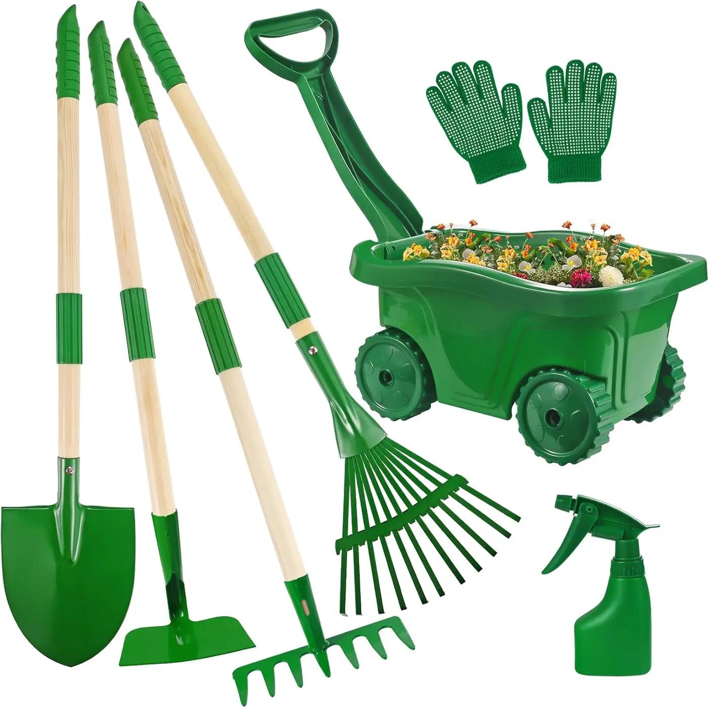 Duckura Kids Gardening Tools Set - 7pcs Wheelbarrow Set for Kids with Shovel, Rake, Leaf Rake, Summer Outdoor Yard Digging Weed Birthday Gifts Toys, Easter for Boys Girls Age 2 3+ Years(Green)