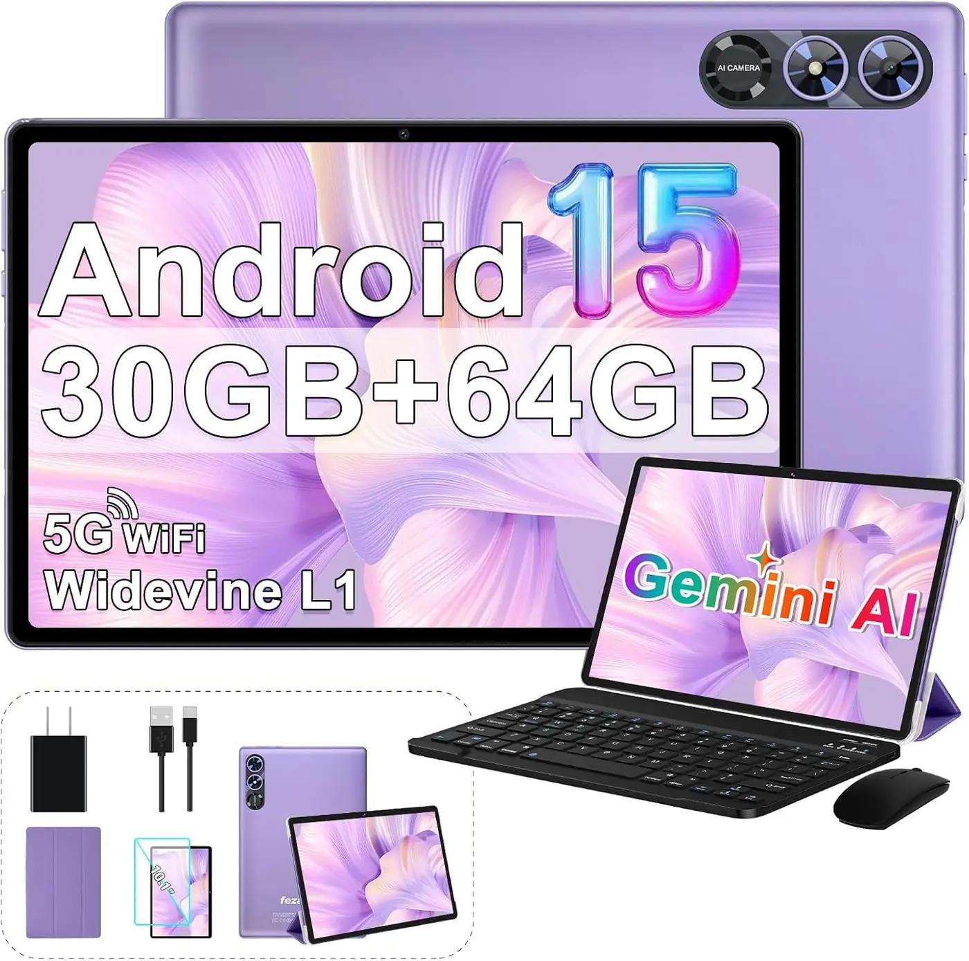 2026 Android 15 Tablet, 10 Inch Tablets with Gemini AI, 30GB+64GB+1TB Expand, 2-in-1 Octa-Core Electronics Tablets with Keyboard, Mouse, 5G WiFi, 6000mAh, GPS, Widevine L1, Split Screen -Violet