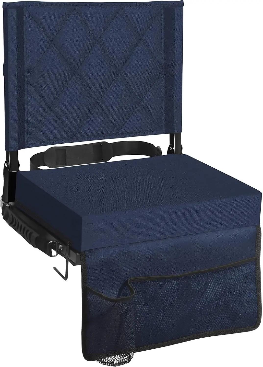 Sheenive Stadium Seats for Bleachers with Back Support, Bleacher Seats with Backs and Cushion Wide, Padded Portable Folding Comfort Stadium Chair with Shoulder Strap,Perfect for Sport Events Navy Blue