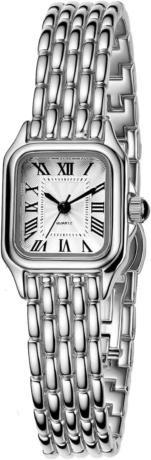 BESTKANG Watches for Women Vintage Square Classic Luxury Watch with Roman Numerals Dial Gold Silver Two-Tone Stainless Steel Band Elegant Dress Women's Wrist Watch