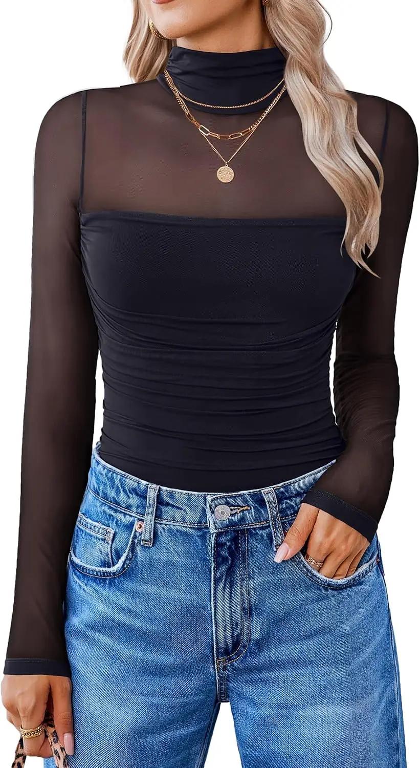 Avidlove Women Long Sleeve Bodysuit Turtle Neck Shapewear Body Suits Mesh One Piece Leotard Shirt Going Out Tops Fall Outfits Global Recycled Standard