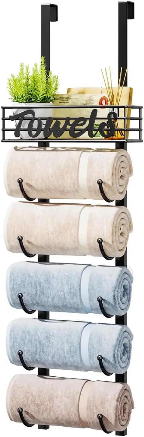 HapiRm Towel Racks for Bathroom Storage - 6 Tier Over The Door &amp; Wall Mount Rolled Towel Storage Organizer Holder with Metal Shelf Basket for Small Bathroom, Camper, Rv - Black, Patented Global Recycled Standard