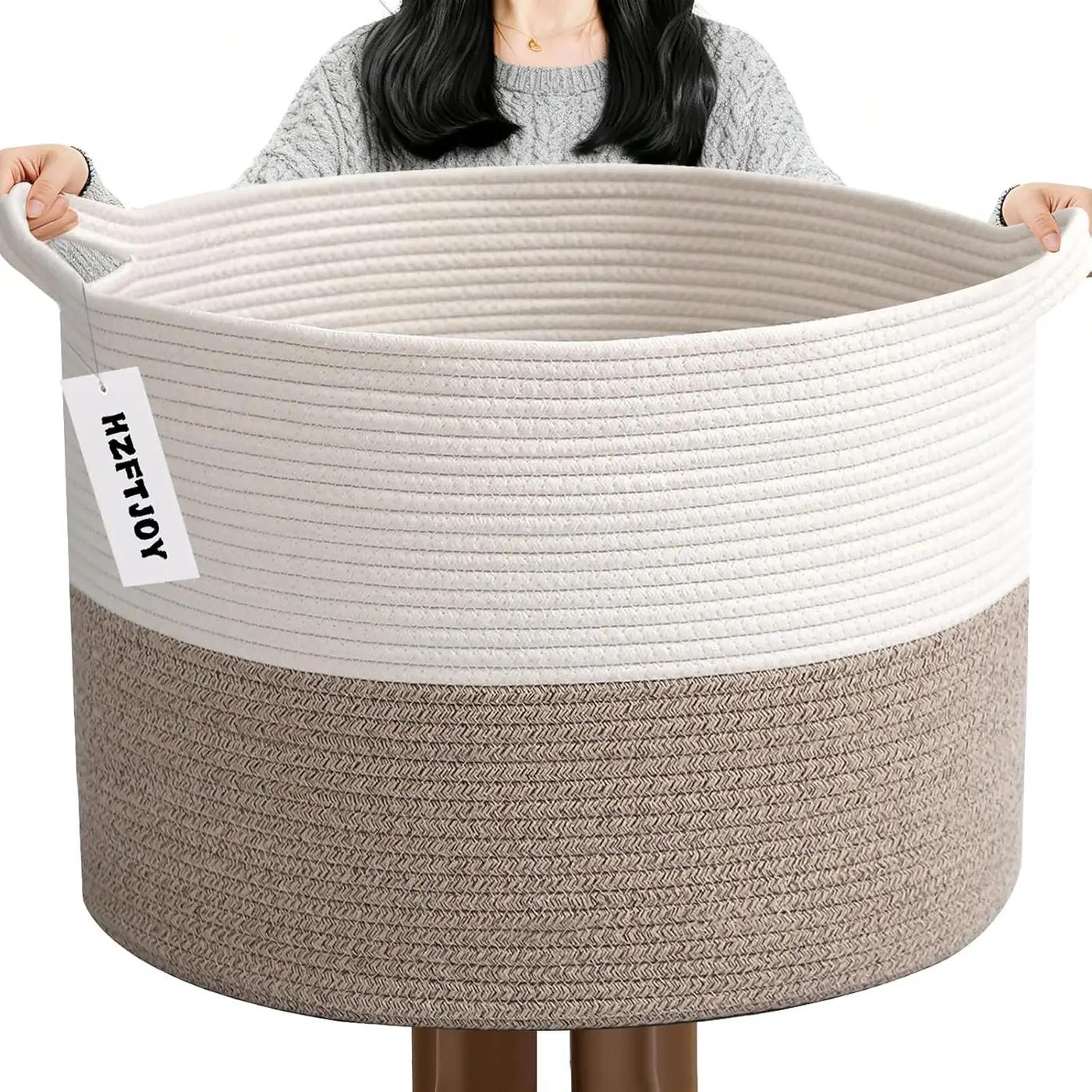 Large Woven Blanket Basket,65L Cotton Rope Laundry Basket Hamper with Handles, Decorative Nursery Basket Storage Bin for Toys, Clothes Organizer, Living Room, Bedroom, Bathroom, White &amp; Brown Global Recycled Standard