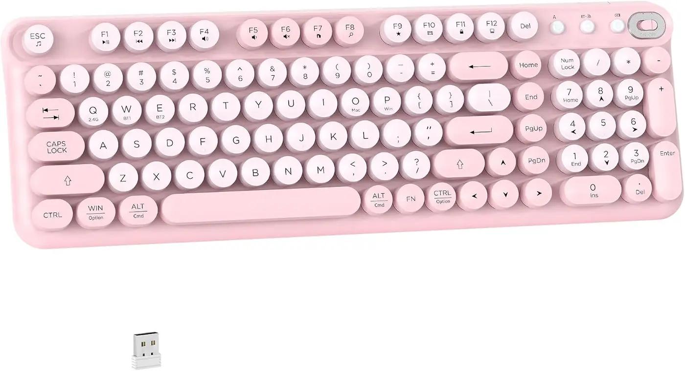 Links9+ Wireless Bluetooth Keyboard, Retro Round Typewriter Keyboard, Dual Mode Bluetooth &amp; 2.4GHz Receiver, Compatible with Windows, macOS, iPad, Android, Laptops, and Tablets (Pink)