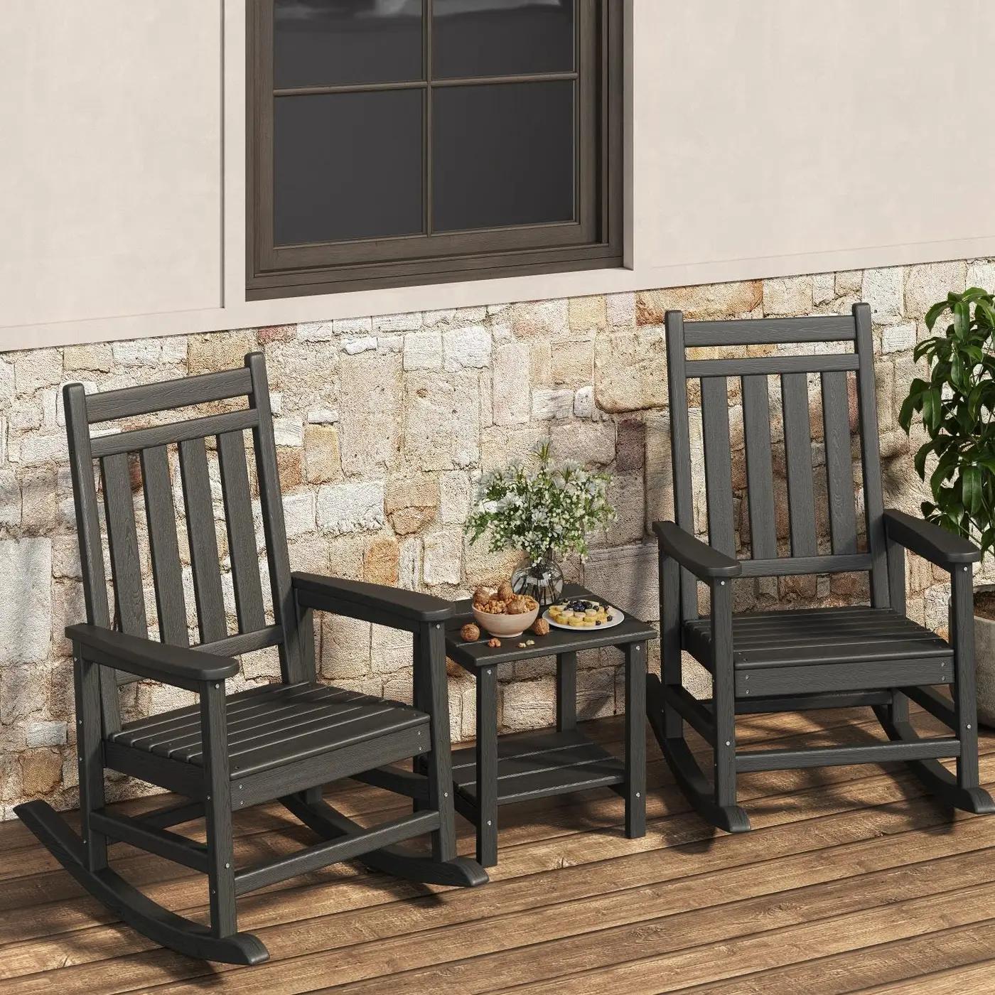 Garvee HDPE Rocking Chair Outdoor Set of 2 with Side Table - Poly High Back Porch Rocker Chairs for Adults - All Weather Resistant Furniture for Patio Front Porch - Black Global Recycled Standard