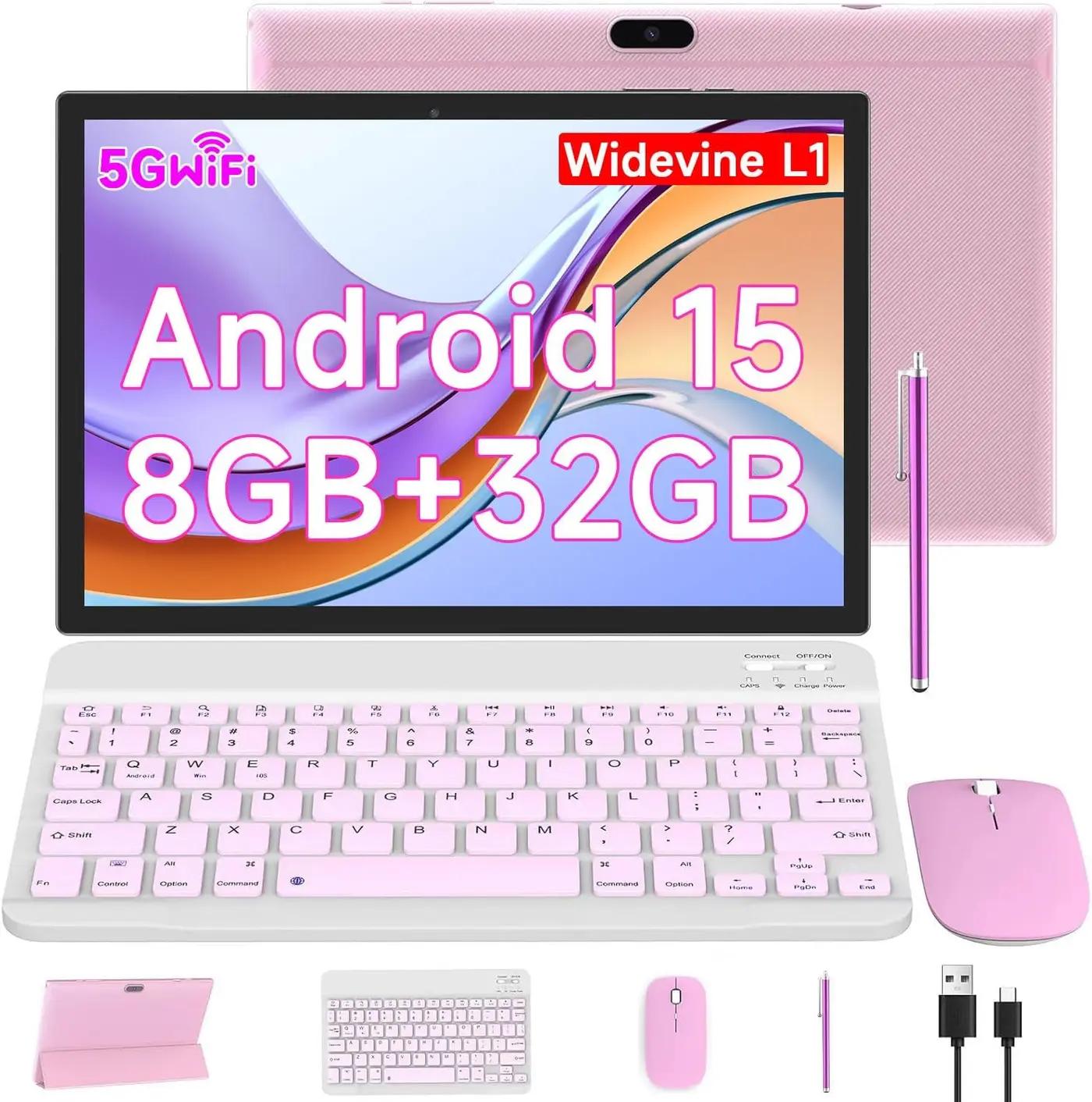 10 Inch Android 15 Tablet, 2 in 1 Tablets with Keyboard/ Mouse/ Case/ Stylus, 8GB RAM+32GB ROM/1TB Expandable, 1.8Ghz Quad-core Processor, 1280*800 HD Touch Screen, 8MP Camera, 2.4G/5G WIFI 6 Tablet