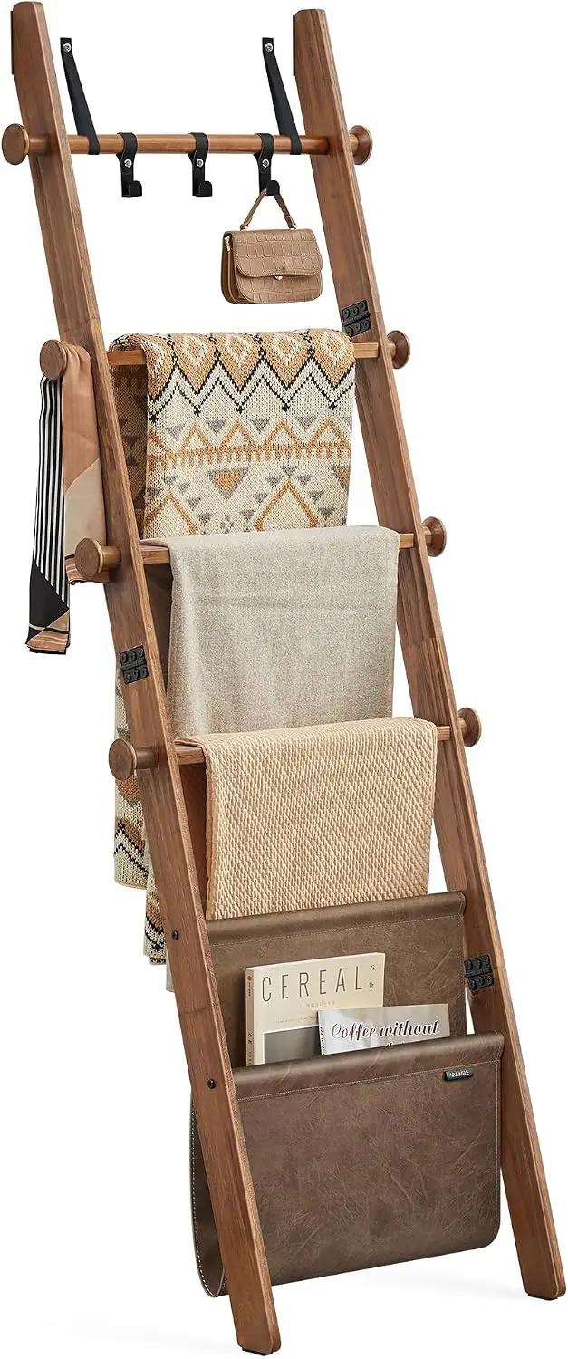 VASAGLE Blanket Ladder for Living Room, 5-Tier Wooden Ladder Shelf, Decorative Farmhouse Blanket Rack with Synthetic Leather Bag, Metal Hooks, Side Hooks, for Bedroom, Caramel Brown ULLS022K01