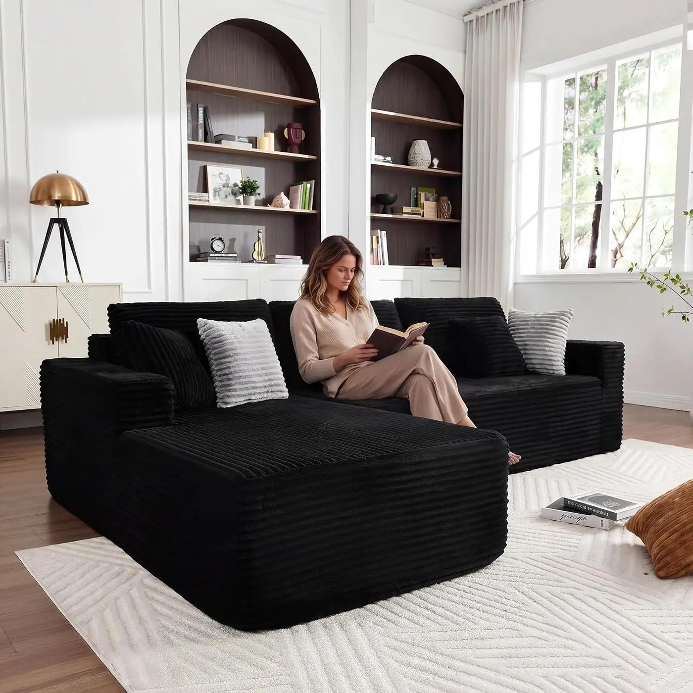 108" Boneless Couch,L-Shaped Modular Sectional Sofa with Chaise, 3D High-Resilience Sponge,Modular Sectional Sofa with Deep Seat, Upholstered Couch for Living Room Bedroom(Black, Left Facing Chaise)