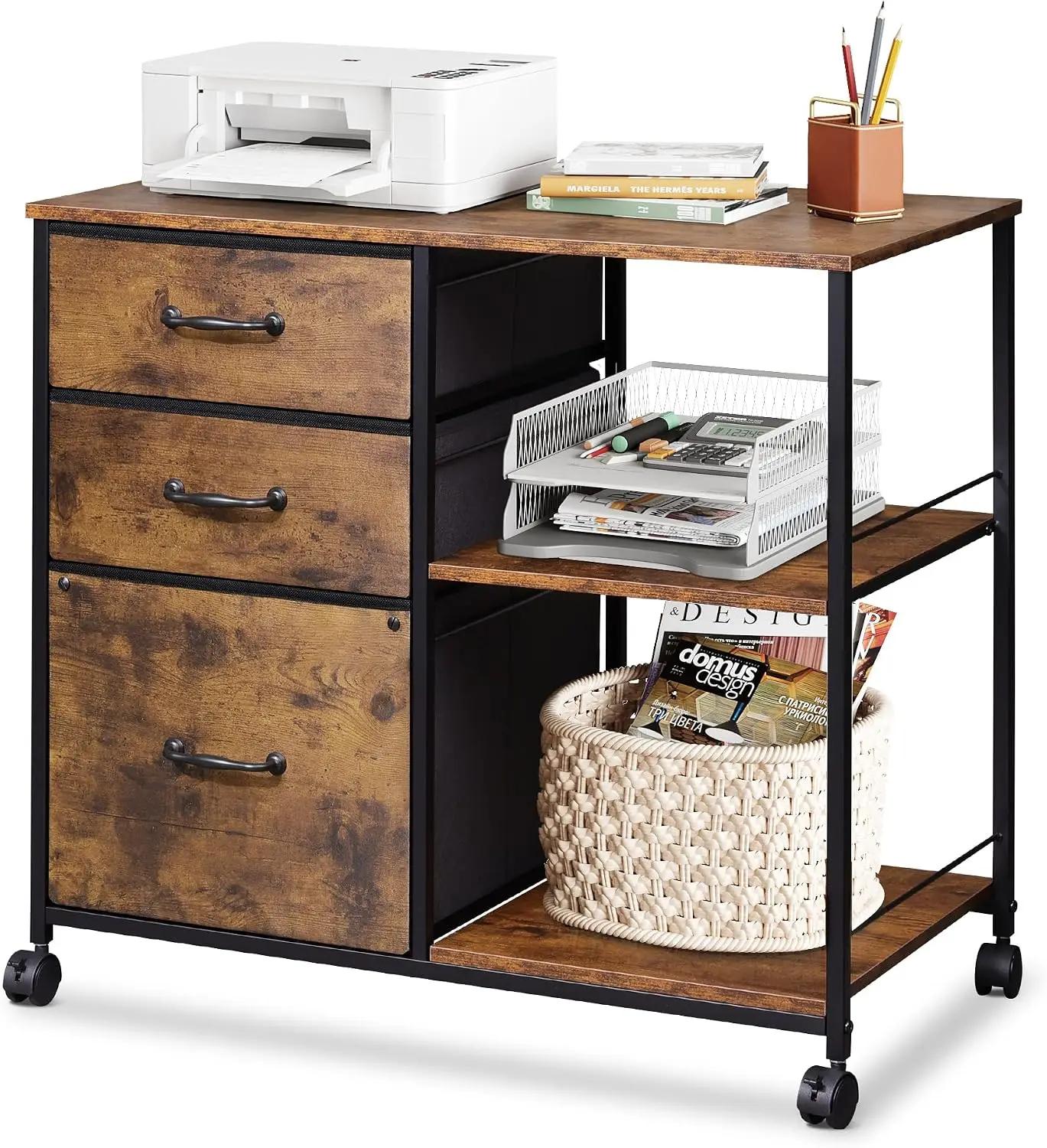 DEVAISE 3 Drawer Mobile File Cabinet, Rolling Printer Stand with Open Storage Shelf, Fabric Lateral Filing Cabinet fits A4 or Letter Size for Home Office, Rustic Brown Wood Grain Print