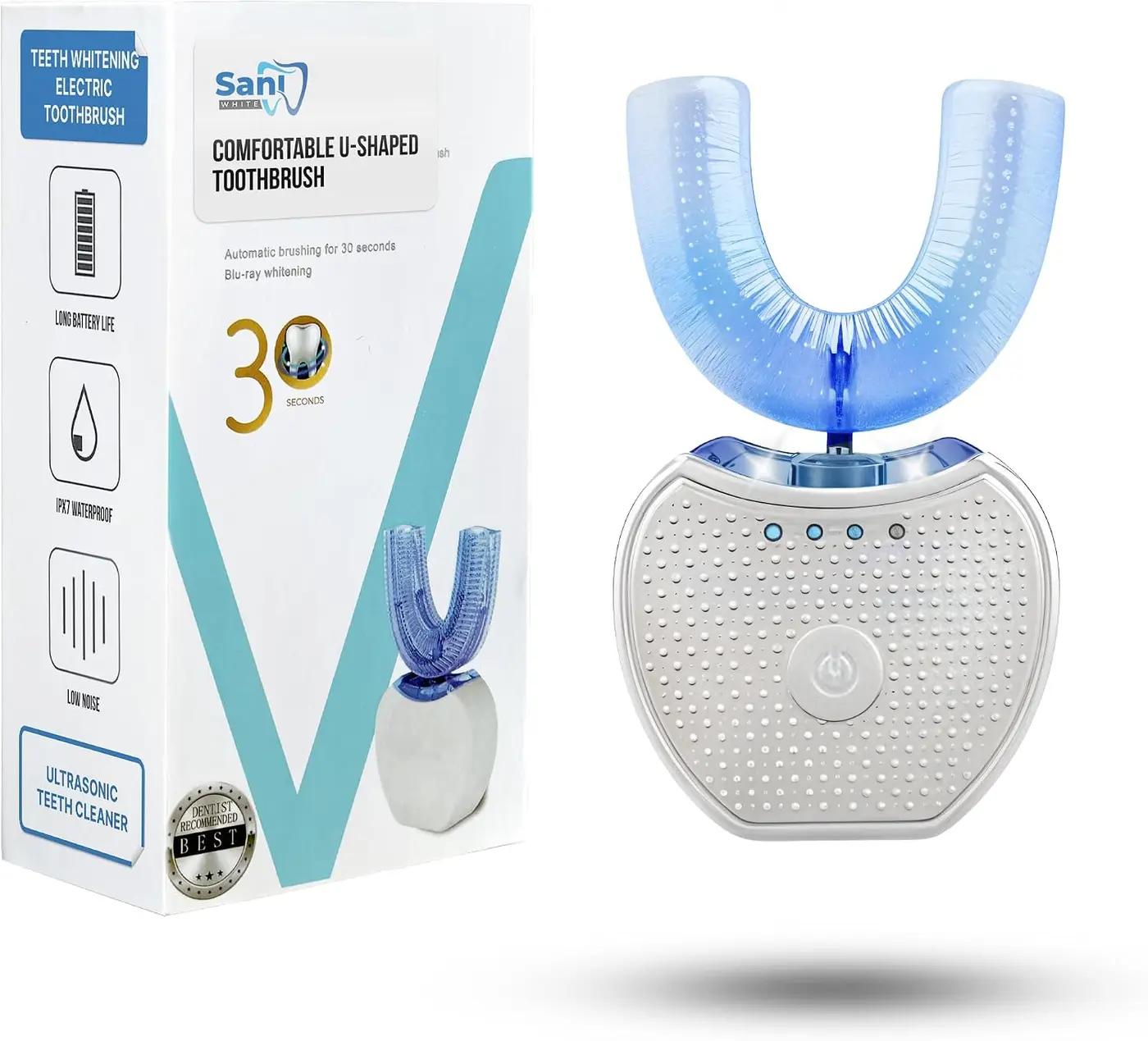 FREEZE2TRIM Sani White Ultrasonic Toothbrush, Ortho Sparkle Sonic Glow Brush, 360 Brite Adult U Shaped Toothbrush Ultrasonic Tooth Cleaner Teeth Whitening Light Electric Automatic Hands Free