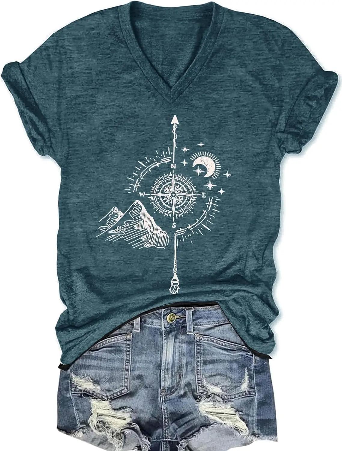Women's T-Shirts V-Neck Dragonfly Tee Cute Summer Graphic Shirts Vintage Boho Flowers Short Sleeve T Shirt