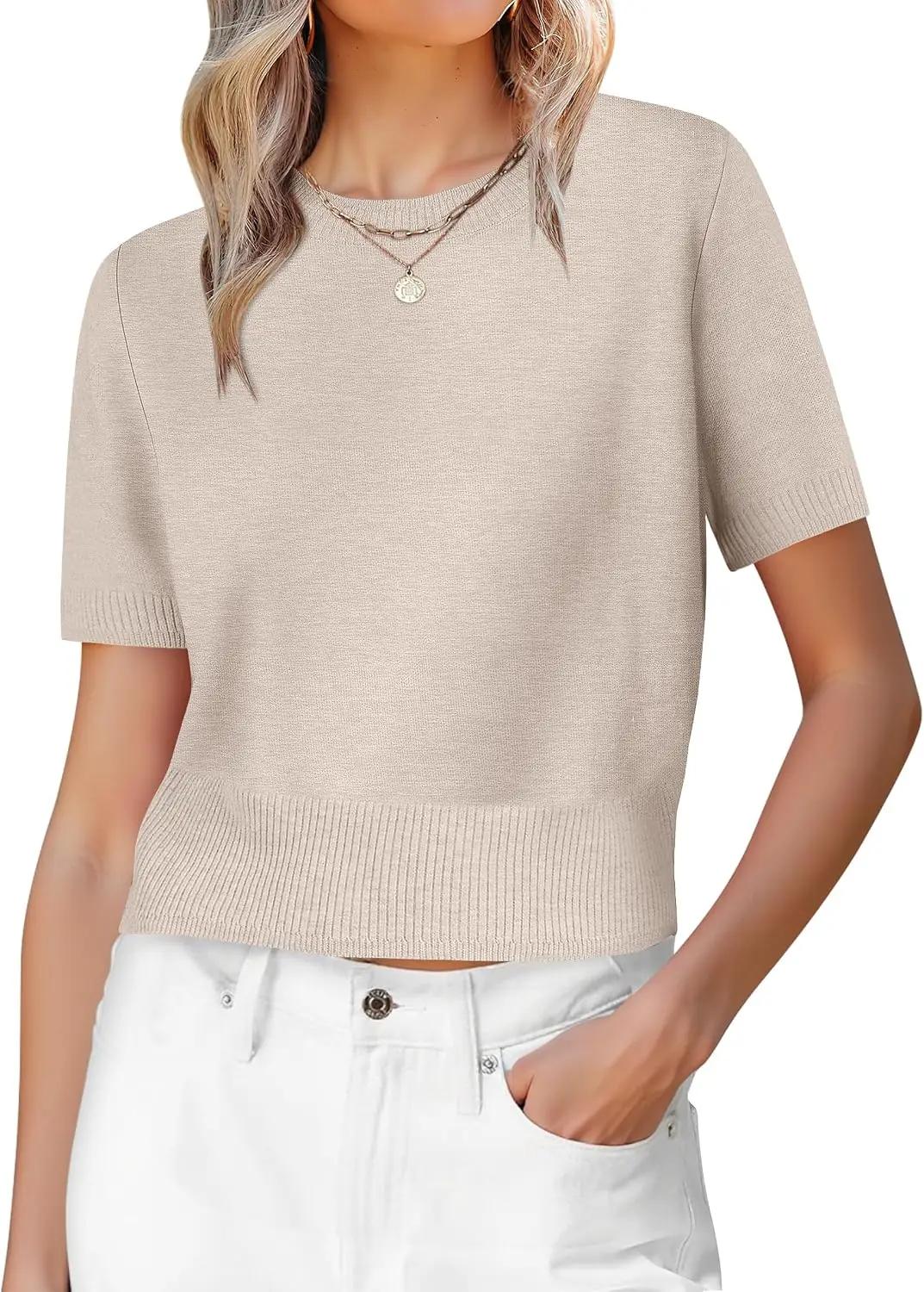 ANRABESS Womens Short Sleeve Sweaters Cropped Crew Neck Business Casual Lightweight Sweater Tops 2026 Spring Summer Outfits