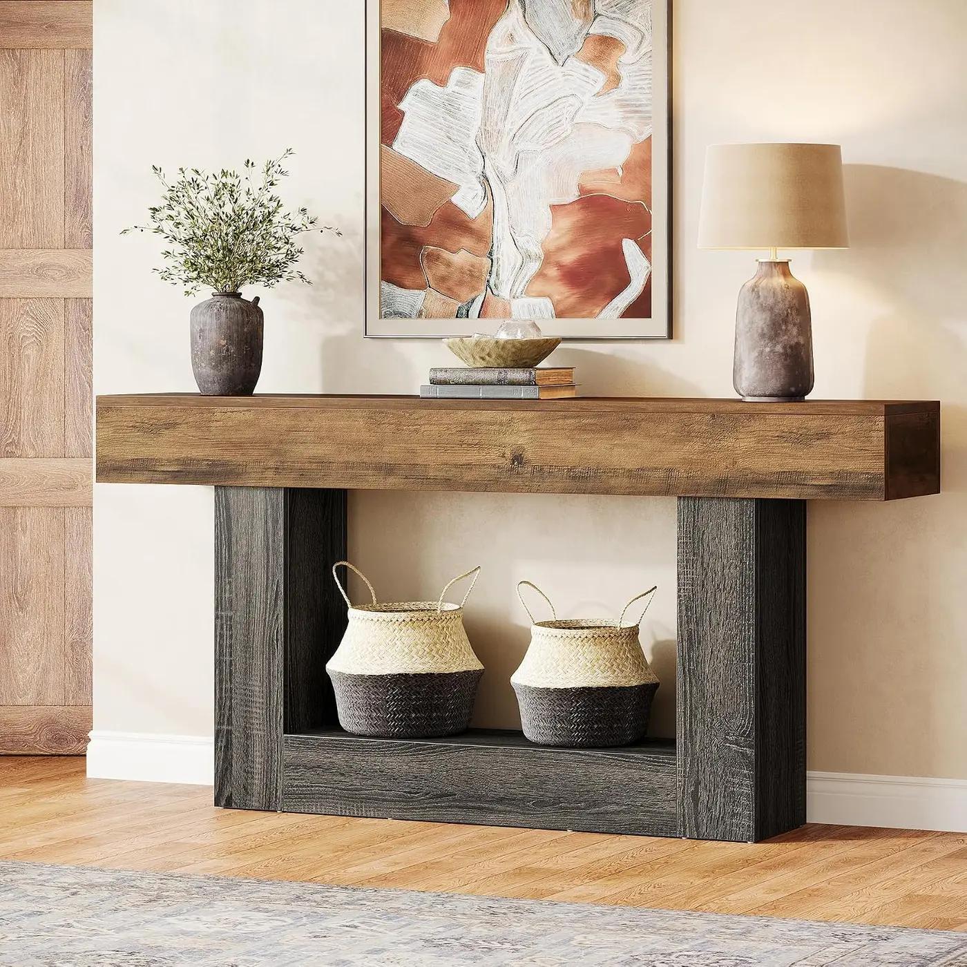 Tribesigns 63-Inch Long Console Table, 2-Tier Entryway Table Sofa Table with Storage, Farmhouse Wood Behind Couch Tables for Living Room, Hallway, Rustic Brown &amp; Gray