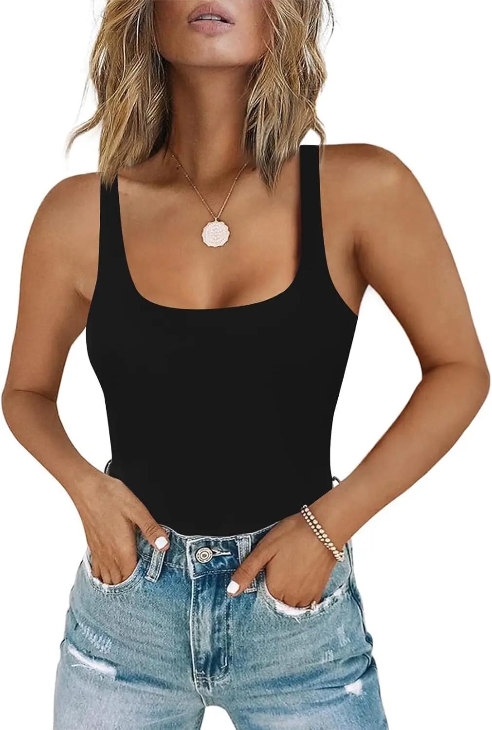 Chunpin Women's Square Neck Tank Bodysuit Sleeveless Tank Top Double Lined Body Suit Going Out Outfits Thong Bodysuits
