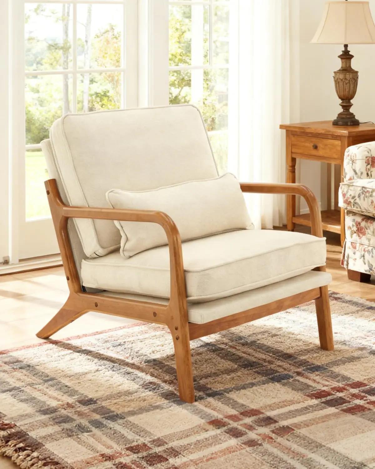 Karl home Accent Chair Mid-Century Modern Chair with Pillow Linen Fabric Upholstered Lounge Arm Chair with Solid Wood Frame &amp; Soft Cushion for Living Room, Bedroom, Balcony, Beige The Forest Stewardship Council