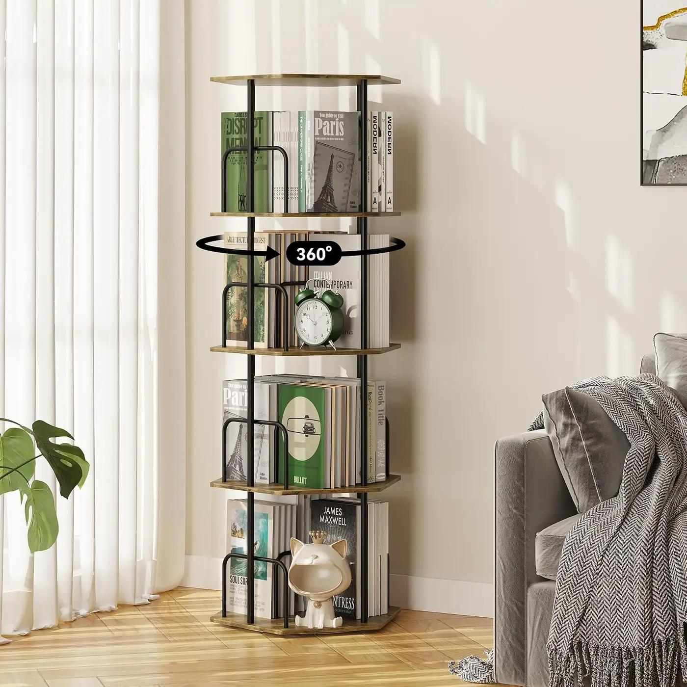 SUNMORY 4 Tier Rotating Bookshelf Tower, Revolving 360 ° Spinning Bookcase, Hexagonal Corner Book Shelf Storage Carousel, Vertical Rotate Turning Organizer Book Shelves for Living Room Office Bedroom