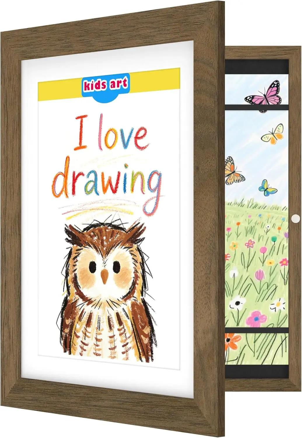 FrameWorks 10" x 12.5" Dark Oak Wooden Kids Art Frame with Magnetic Door – Display for 3D Artwork, Photos, Crafts – Gallery Style Edges Wall Decor for Home, Playroom, Easy Access Frame for Creativity