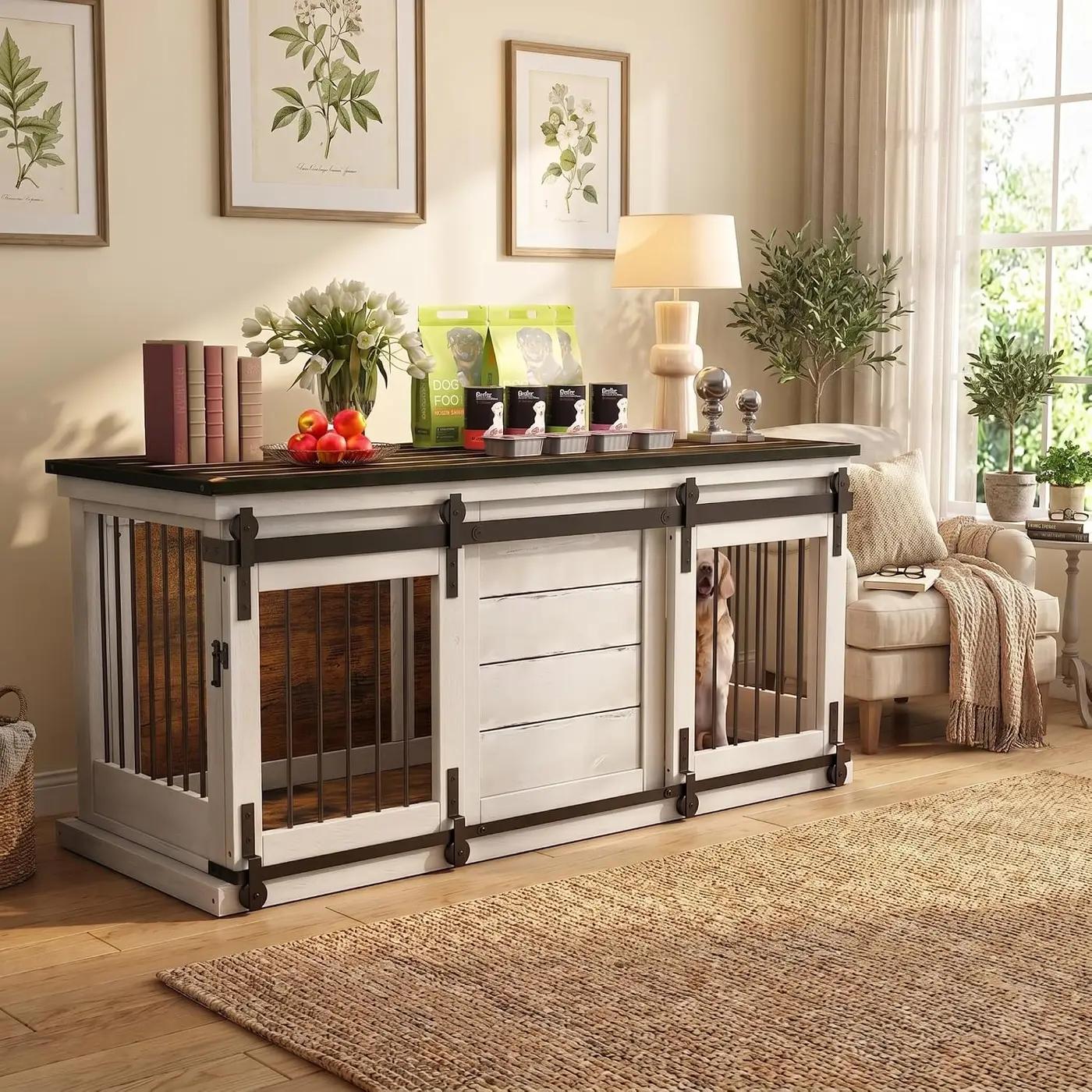 62" Farmhouse Dog Crate Furniture for 2 Large Dogs, Heavy Duty Solid Wood Indoor Dog Kennel with Removable Divider, Sliding Door, Double Dog Crate TV Stand, Vintage Industrial Style