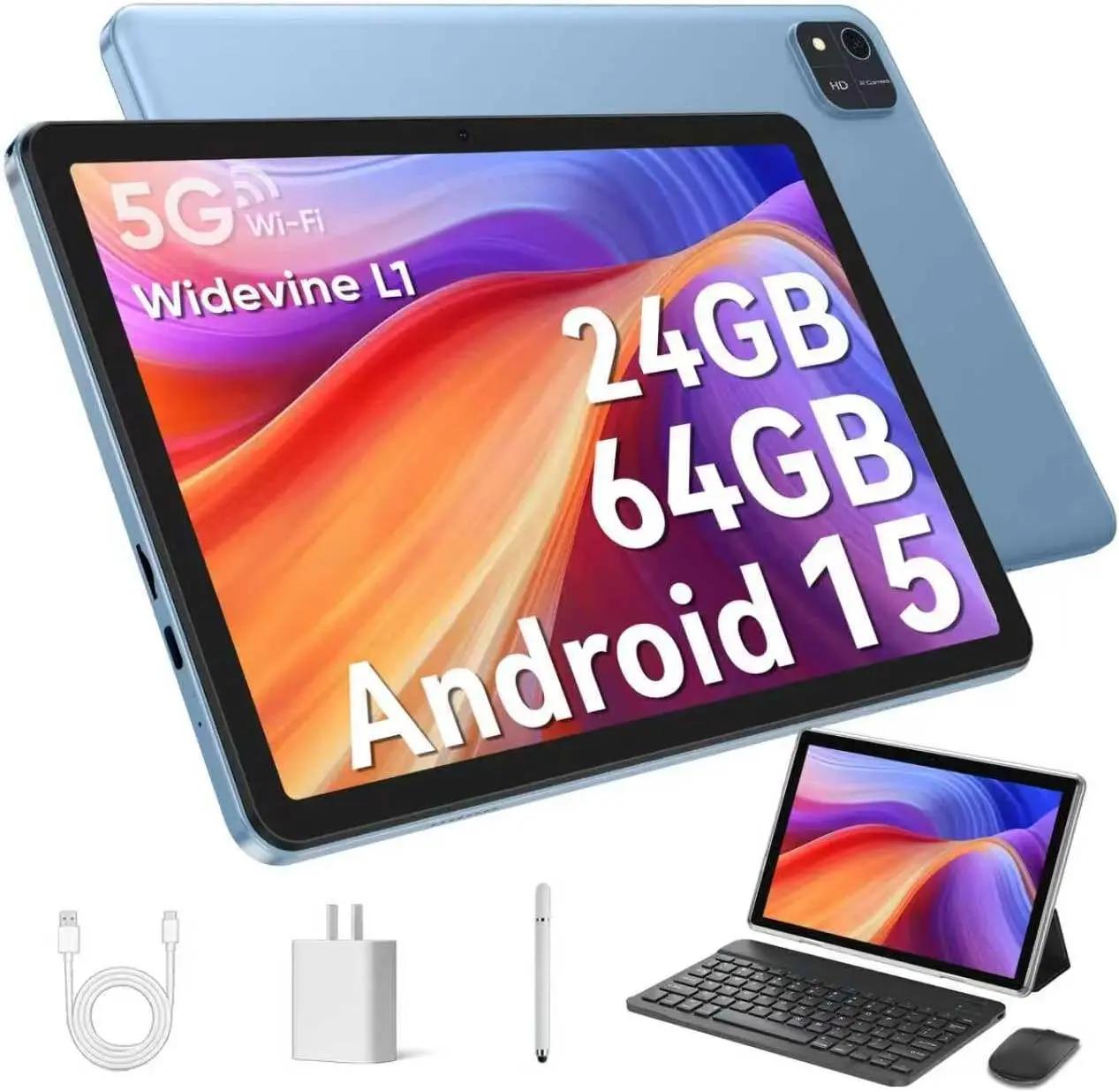 EDDBNi Android 15 Tablet 10.1 inch Tablet 2025 Latest Tablets with Keyboard Mouse 24GB+64GB 2TB Expand 6000mAh Octa-Core Processor Dual Camera WiFi 1280x800 IPS 18W Fast Charging