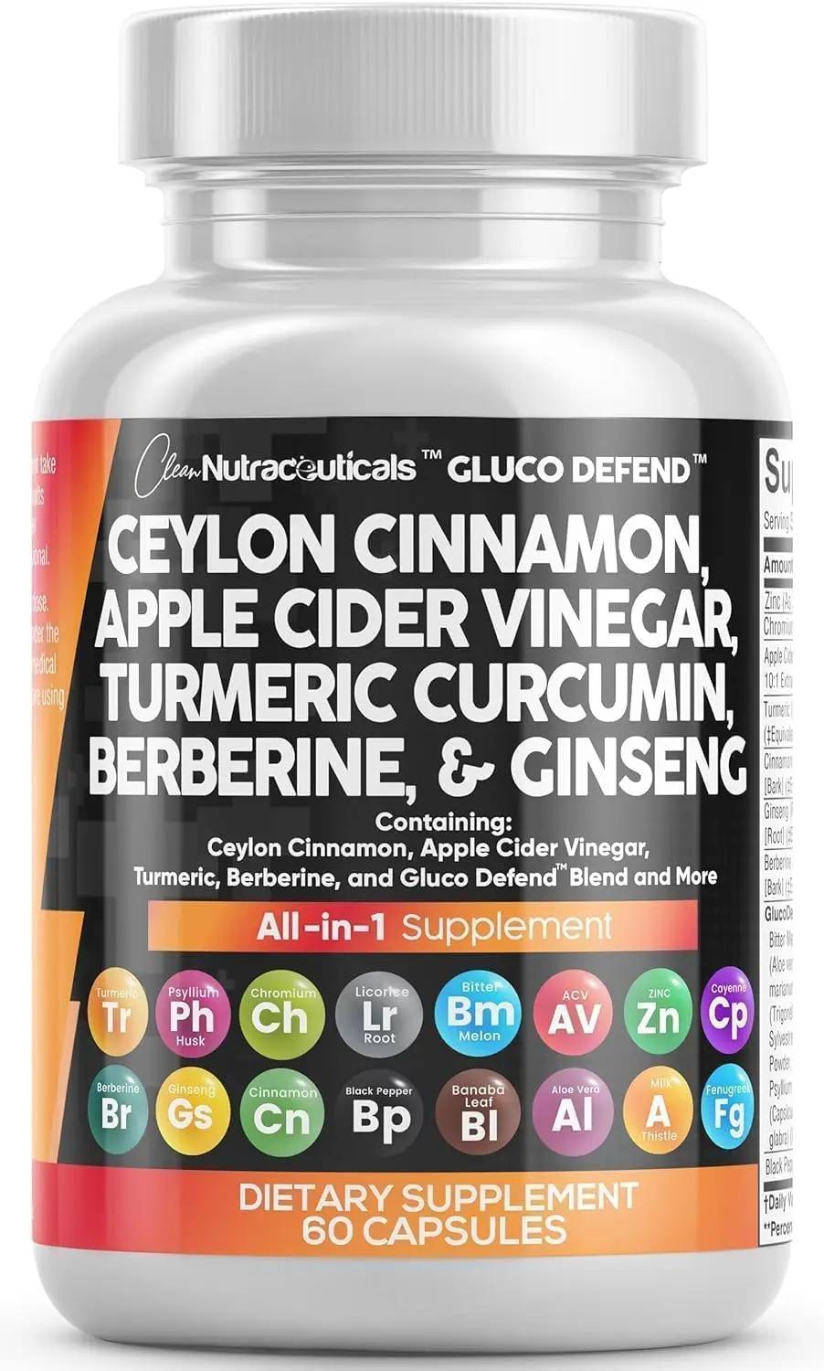 Clean Nutraceuticals Ceylon Cinnamon Capsules + Berberine Turmeric Apple Cider Vinegar Ginseng Bitter Melon Gymnema Milk Thistle Fenugreek Supplement Pills Powder for Men &amp; Women