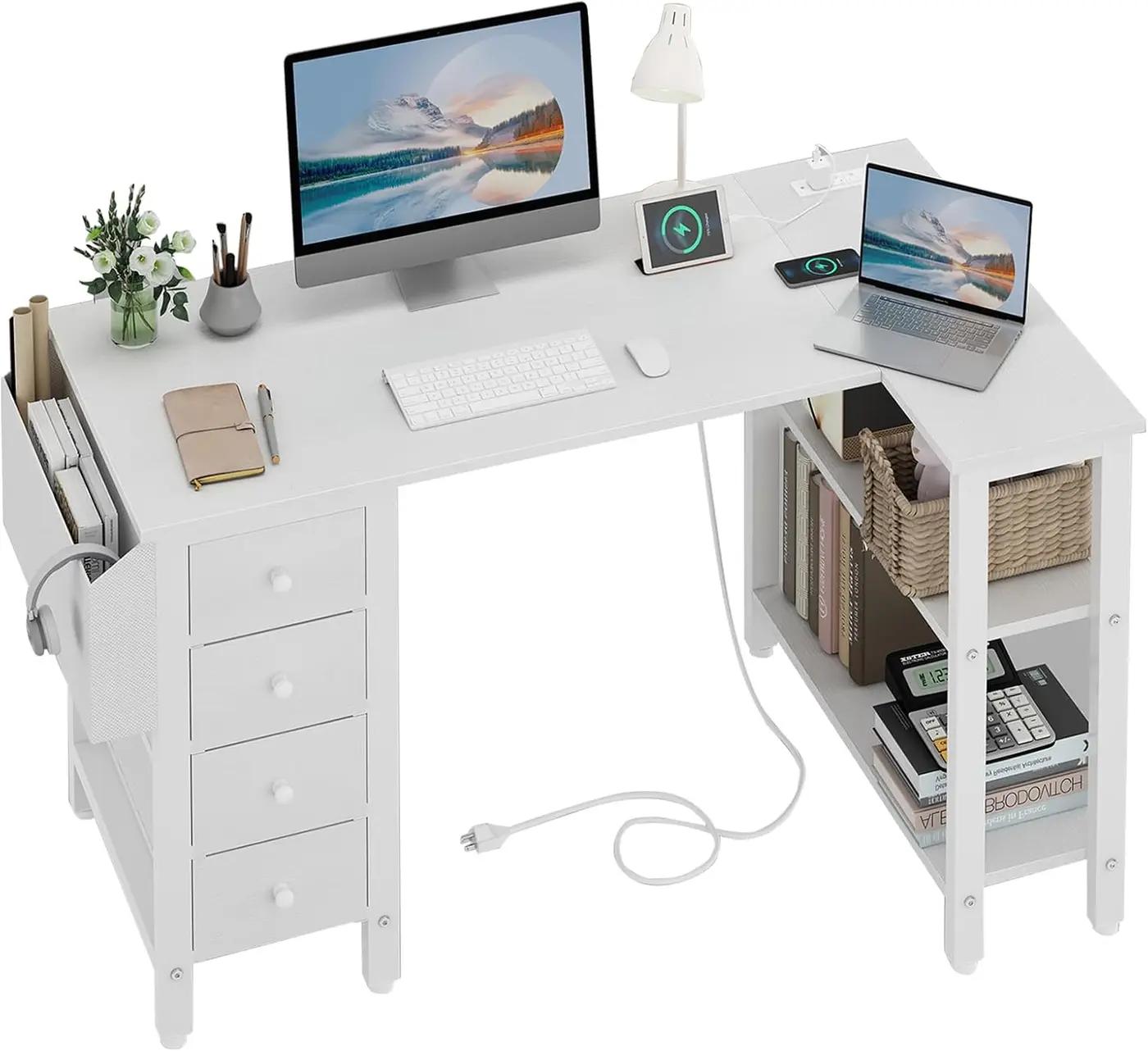 Lufeiya White L Shaped Computer Desk with Drawers &amp; Storage Shelves, 47 Inch Corner Reversible Desk with Power Outlet for Home Office Bedroom, L-Shaped Teen PC Desks with Fabric Drawer, White The Forest Stewardship Council