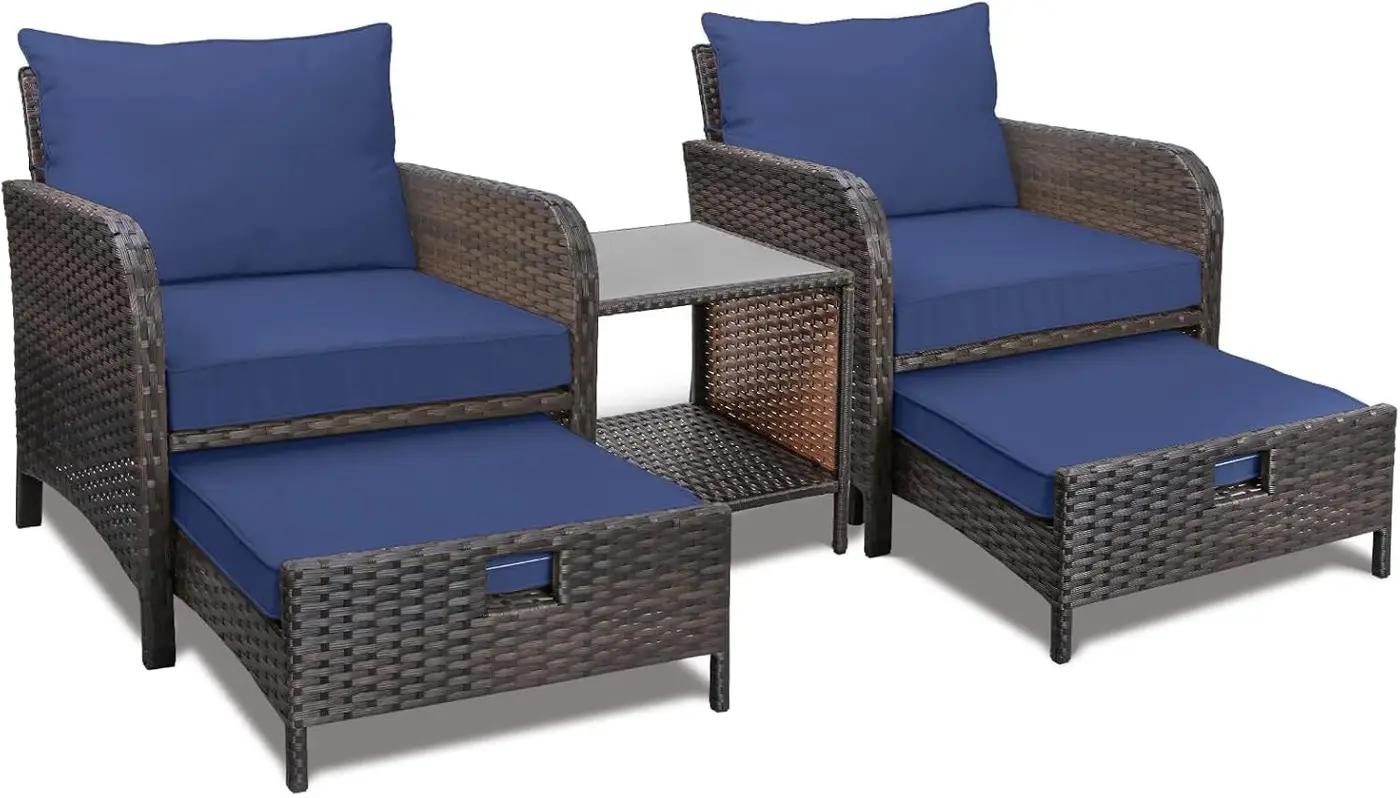 LEVELEVE Balcony Furniture 5 Piece Patio Conversation Set, PE Wicker Rattan Outdoor Lounge Chairs with Soft Cushions 2 Ottoman&amp;Glass Table for Porch, Lawn-Brown Wicker