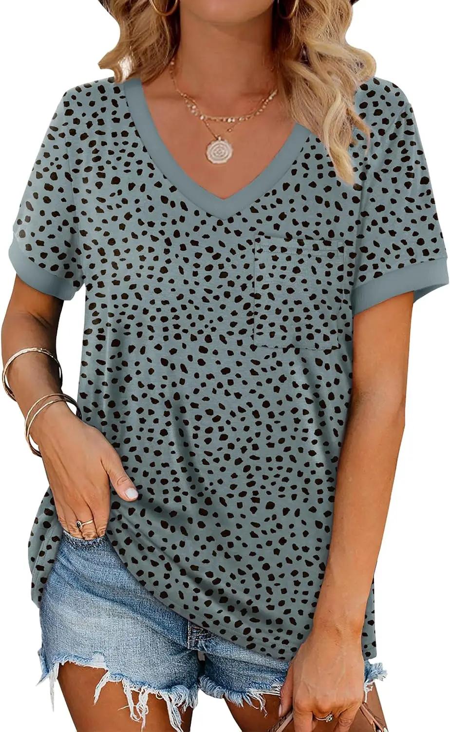 Geifa Womens T Shirts Short Sleeve V Neck Loose Casual Summer Tops 2026 with Pocket