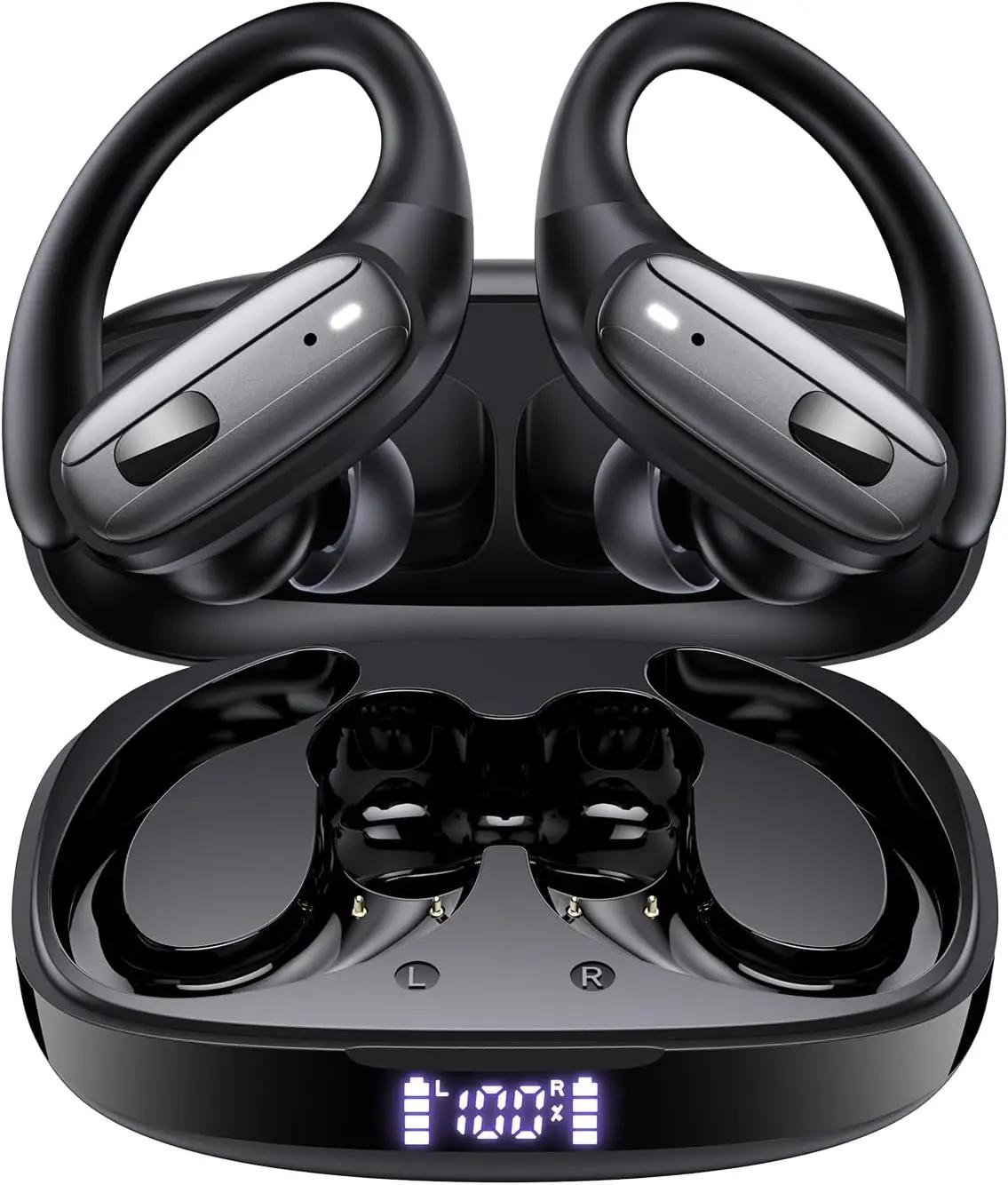 LEEMC Wireless Earbuds, Bluetooth Headphones 5.4, Ear Buds with Hooks for Sports, 80Hr Playtime Earphones, LED Display, IPX7 Waterproof Headset for Workout Running, Black
