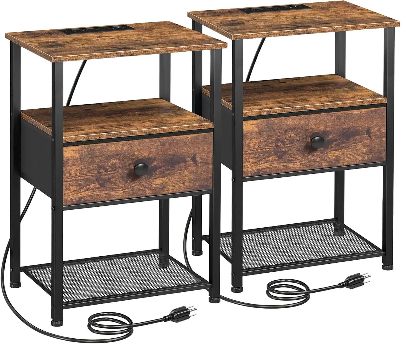 LOAKEKEL Night Stand Set 2, Nightstand with Charging Station, End Tables Living Room with Fabric Drawer for Small Spaces, Bed Side Tables with Storage Shelf for Bedroom, Rustic Brown HETS010PBR The Forest Stewardship Council