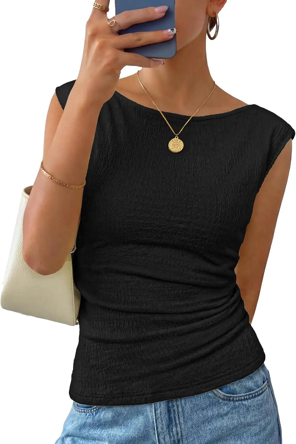 ZESICA Women's Summer Ruched Trendy Tank Top 2026 Cap Sleeve Boat Neck Slim Fit Spring Tops Going Out Tee Shirts Fashion