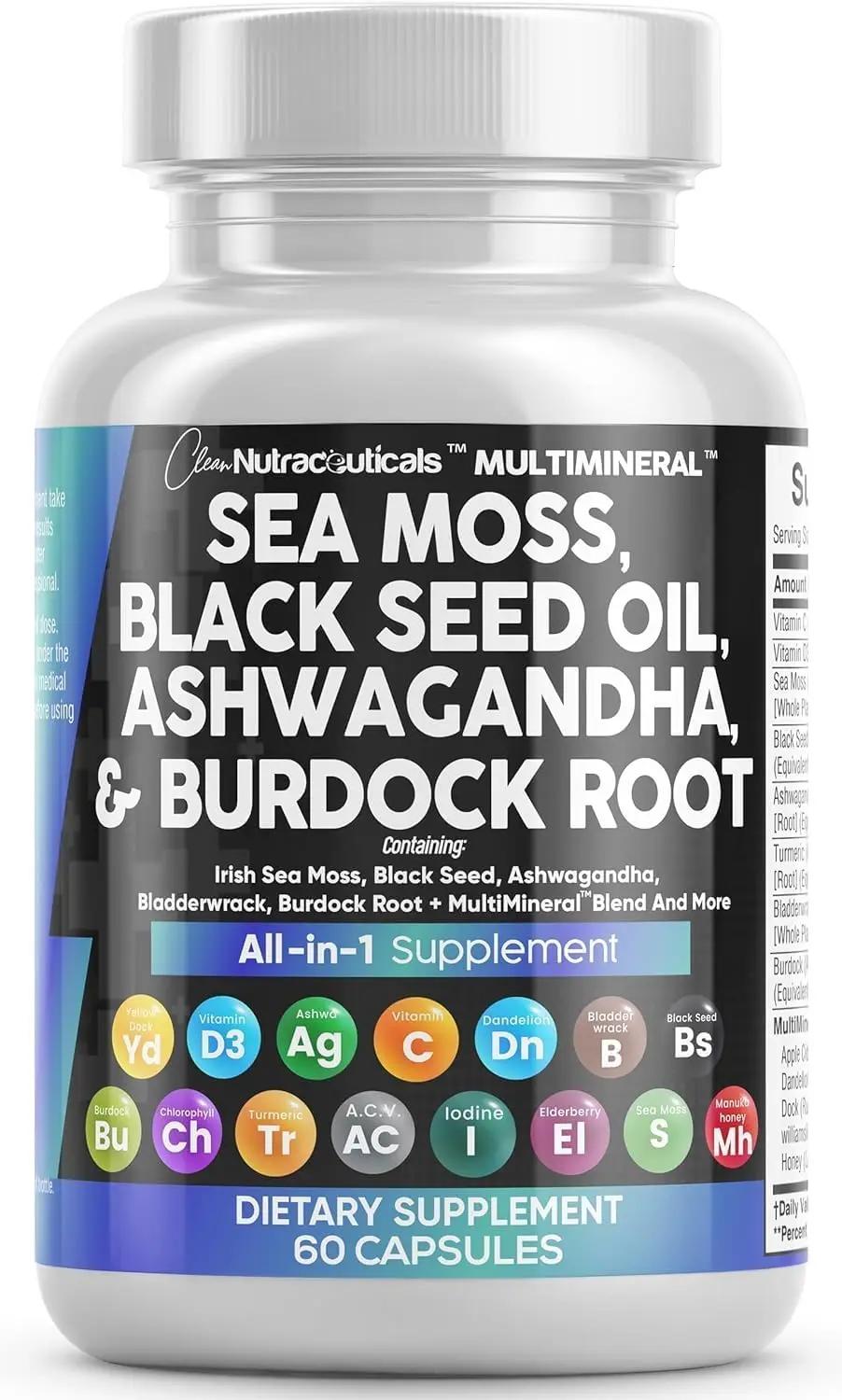 Clean Nutraceuticals Sea Moss Black Seed Oil Ashwagandha Turmeric Bladderwrack Burdock &amp; Vitamin C Vitamin D3 with Elderberry Manuka Dandelion Yellow Dock Iodine Chlorophyll ACV