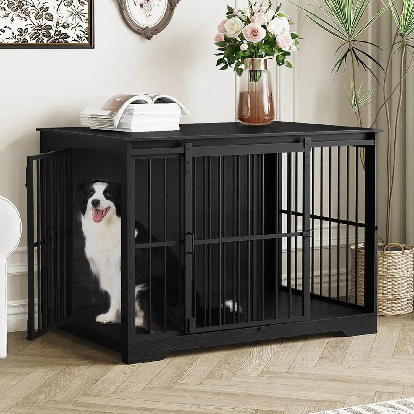 Hzuaneri XL Large Dog Crate Furniture, 44.1" Indoor Dog Kennel Furniture with Barn Door, Wooden Tall Dog Crate, Heavy Duty Dog Cage for Large Dogs, Side End Table, Anti-Chew, Black DFC80104B