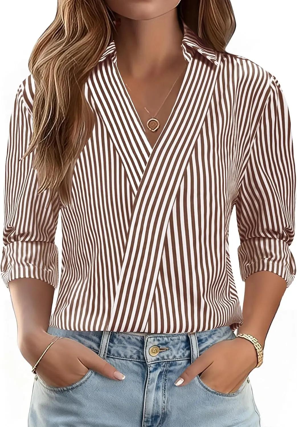 LOMON 3/4 Length Sleeve Womens Tops Dressy V Neck Collared Shirts Trendy Business Casual Work Blouses Vacation Outfits 2026 ISCC PLUS