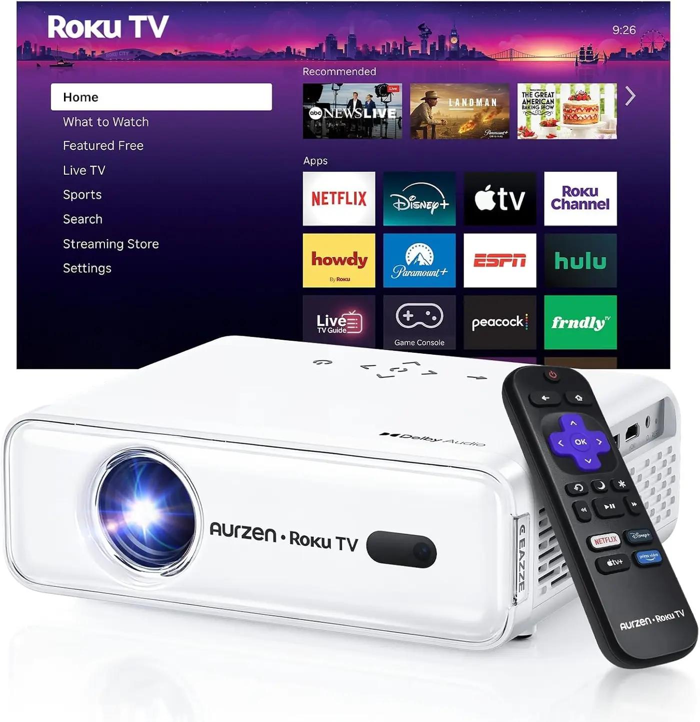 Aurzen Roku TV Smart Projector with Wifi and Bluetooth, Roku Streaming Experience Built-in, 1080P FHD, DoIby Audio, Auto Focus &amp; Keystone, Zoom, Movie Portable Outdoor Mini Projector, White