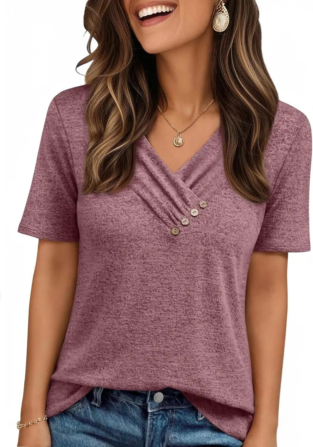 AUTOMET Womens Short Sleeve Tunic Top Spring Summer V Neck Button Shirts 2026 Dressy Casual Business Blouses OEKO-TEX STANDARD 100