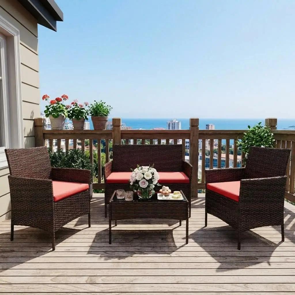 GarveeHome Modern 4-Person Outdoor Bistro Set with Tempered Glass Table – Weather-Resistant PE Rattan &amp; Iron Frame Patio Furniture, Thick Red &amp; Brown Polyester Cushions for Garden, Balcony, Deck