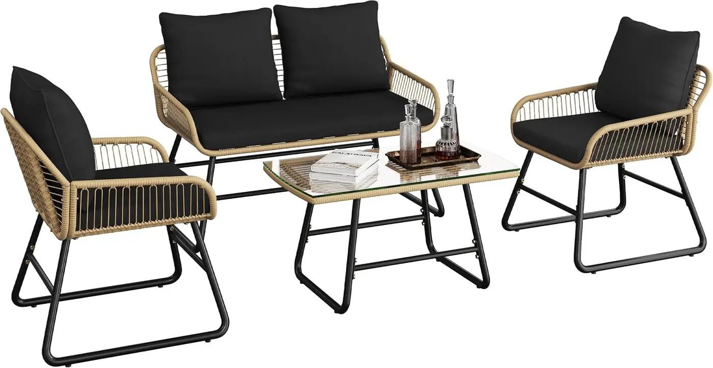 Yaheetech 4 Piece Patio Furniture Set, Outdoor Wicker Conversation Sets, Boho Loveseat &amp; 2 Armchairs with Cushion and Pillow, Glass Top Table for Backyard, Porch, Balcony, Deck - Tan/Black