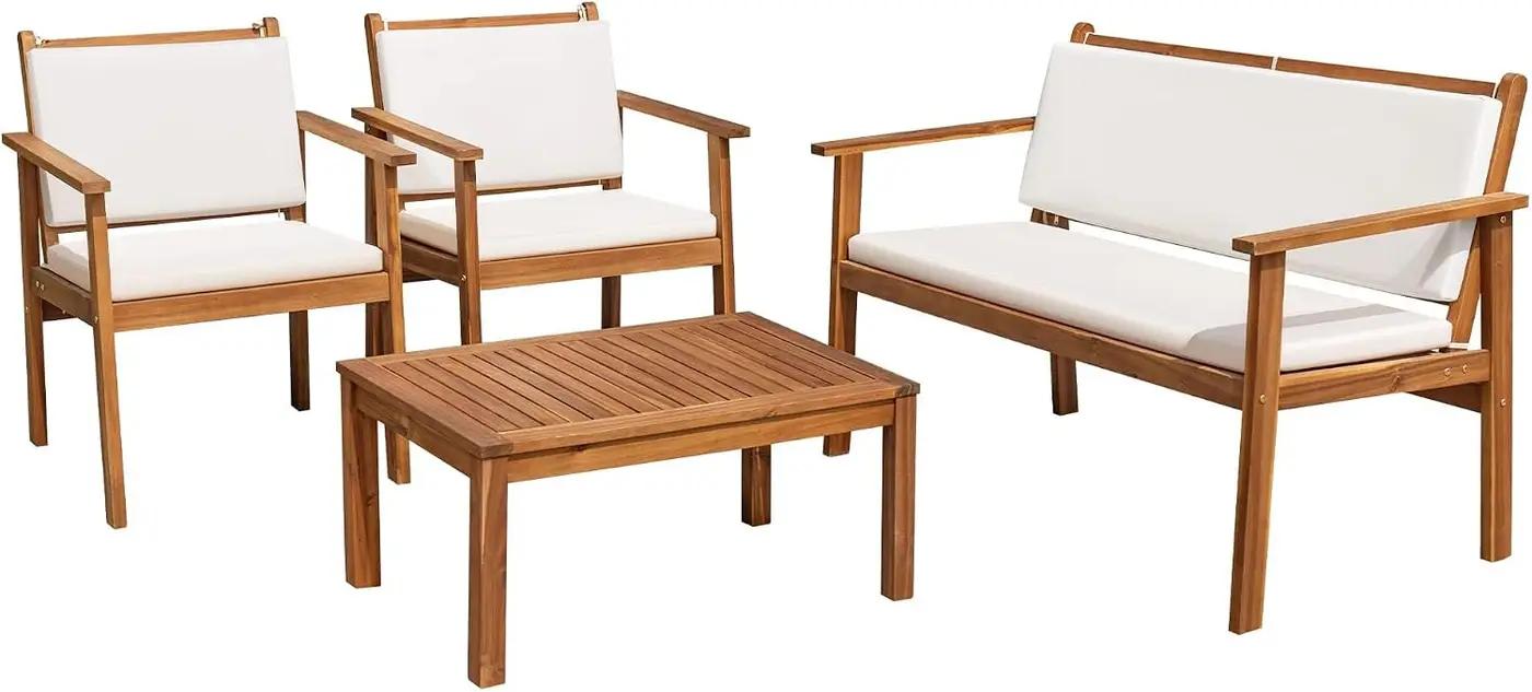 Flamaker Patio Furniture 4 Piece Outdoor Acacia Wood Patio Conversation Sofa Set with Table &amp; Cushions Porch Furniture for Deck, Balcony, Backyard
