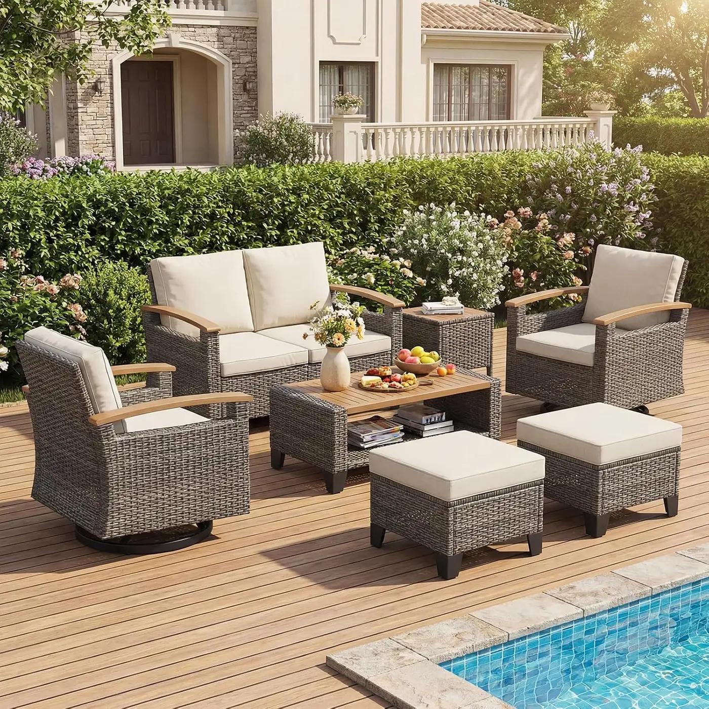 MELLCOM 7 Piece Patio Furniture Set, Wicker Patio Conversation Set with Swivel Glider, Loveseat Sofa, 2 Ottomans, Side Table and Coffee Table for Deck Backyard - Brown Wicker Beige Cushion