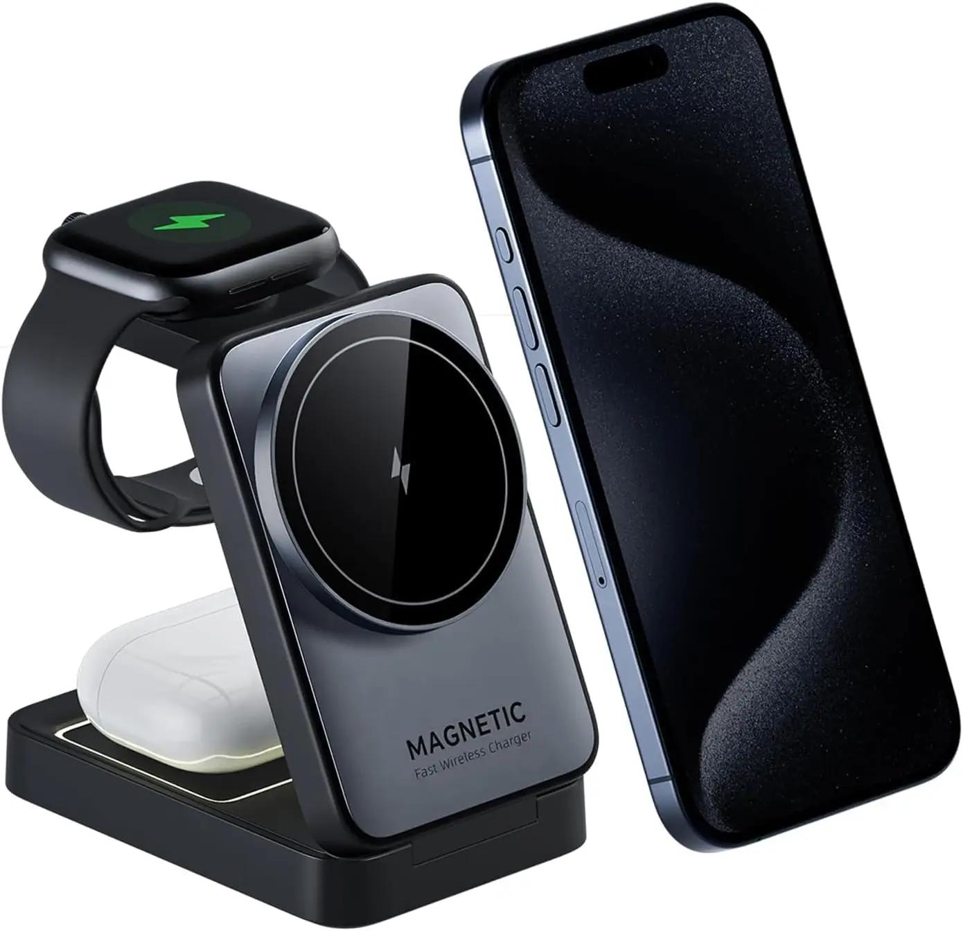 Upgraded Foldable Wireless Charger for iPhone,Travel Magnetic Charger Stand with Nightlight 3-in-1 Wireless Charging Station Compatible with Mag-Safe Charger&amp;iPhone 17/16/15/14/13,Apple Watch&amp;AirPods