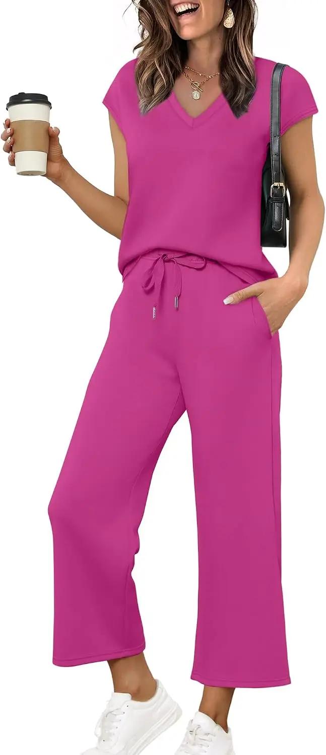 Saloogoe Two Piece Sets for Women Summer Outfits Lounge Sets V Neck Tops Wide Leg Pants Woman Vacation Travel Outfits