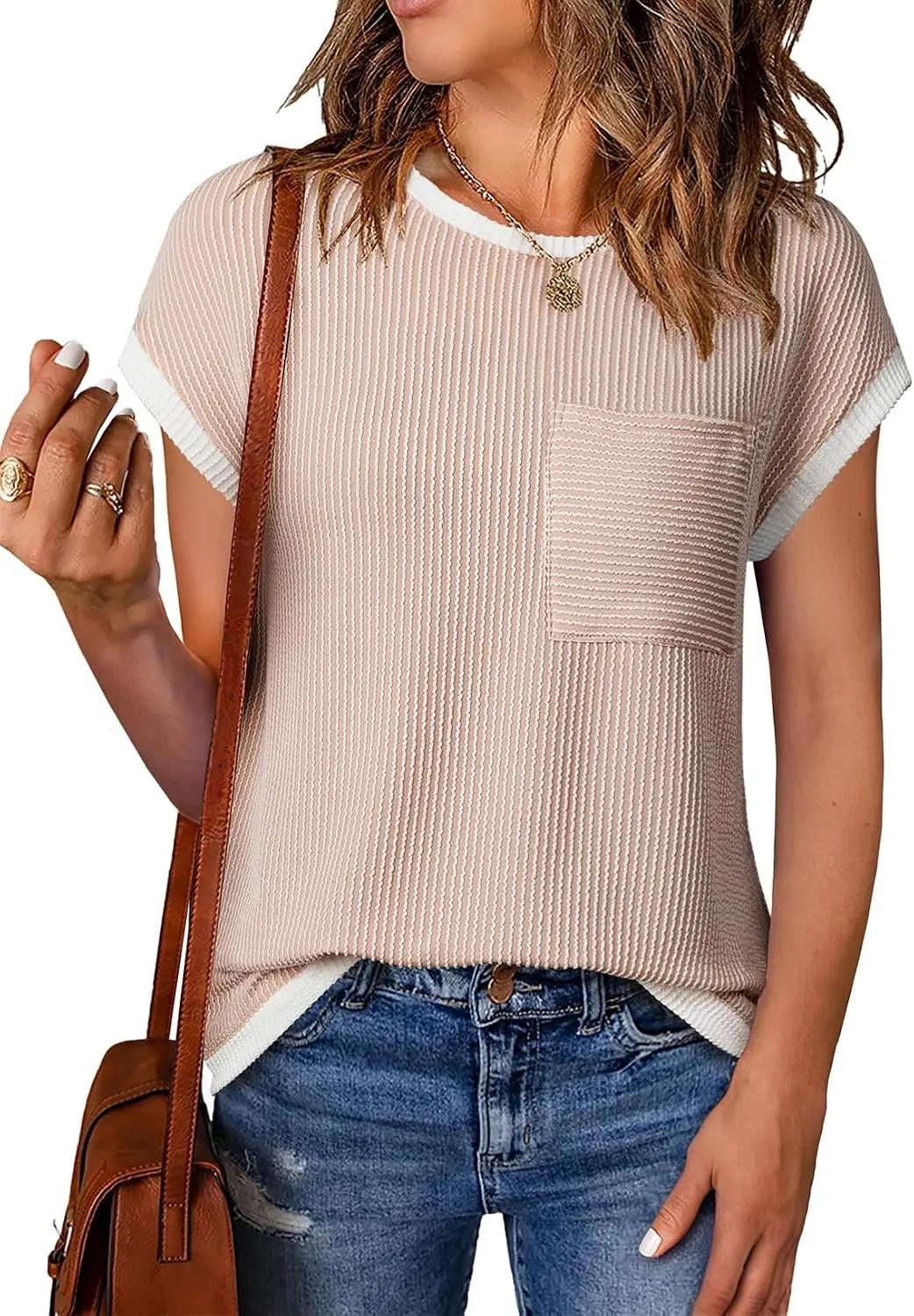 EVALESS Women's Short Sleeve T Shirts Crewneck Color Block Ribbed Knit Tee Blouses 2026 Trendy Summer Tops