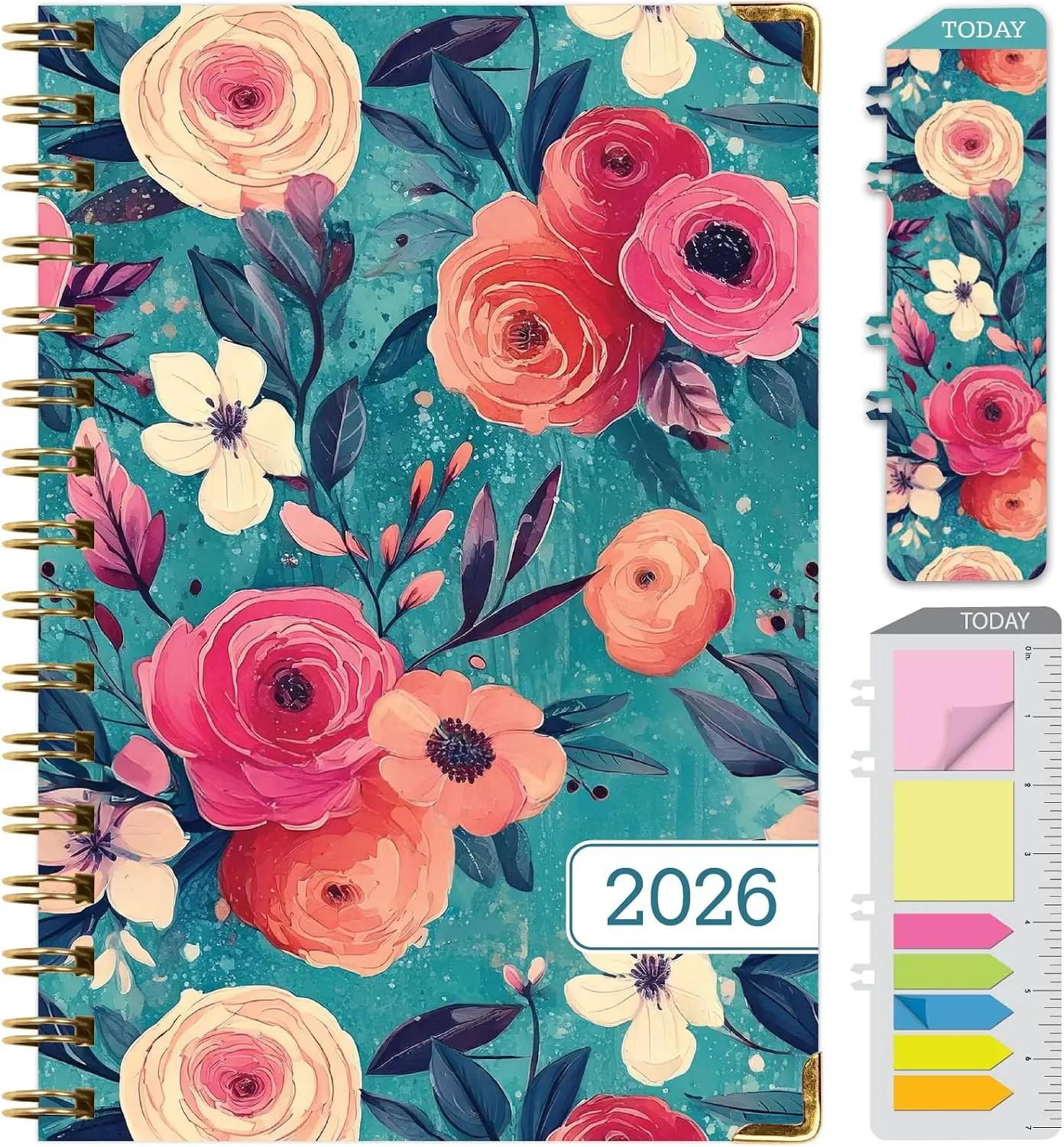 HARDCOVER 2026 Planner, 5.5"x8": 14 Months (November 2025 - December 2026), Daily Weekly Monthly Planner, Yearly Agenda, Bookmark, Pocket Folder and Sticky Note Set (Teal Floral)