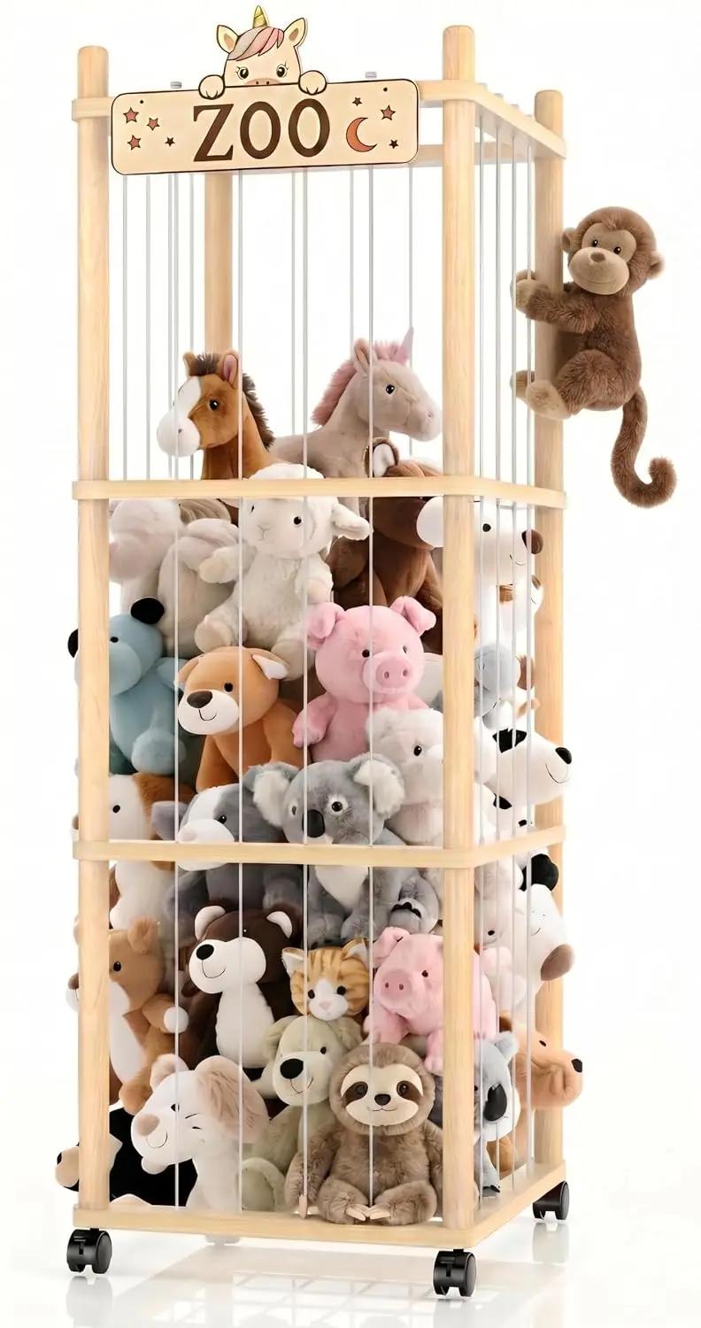 Stuffed Animal Storage Zoo Tower,56In Wooden Large Stuffed Animal Holder Organizer with Wheels,Stuffy Plushies Storage with Elastic Band&amp;Mesh Bottom,Toy Storage Organizers for Playroom Bedroom Nursery