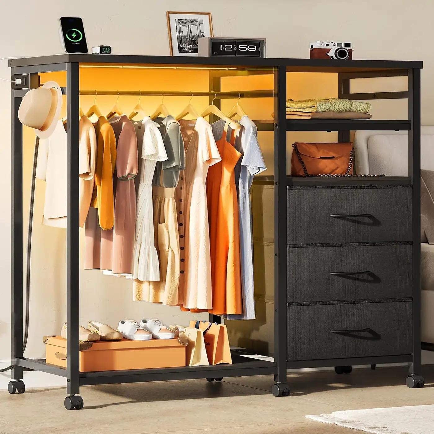WLIVE Black Dresser with Hanging Rack for Bedroom, 3 Drawer Dresser with LED Lights &amp; Charging Station, Fabric Dressers &amp; Chest of Drawers, Storage Organizer with Open Shelves for Living Room